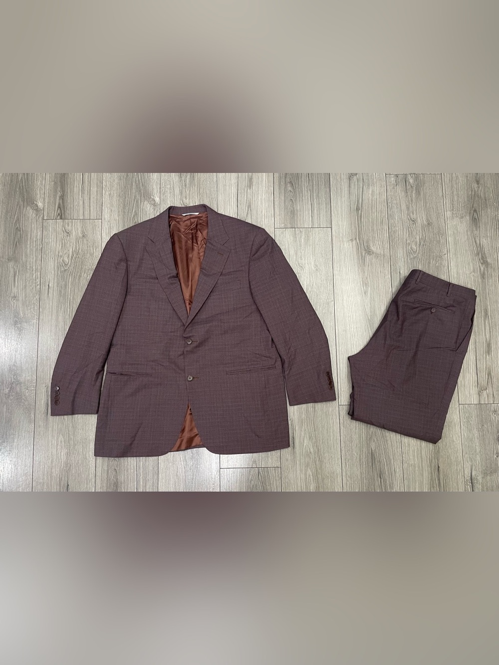 Canali Men's 2-Piece Suit Plum Burgundy & Blue Textured Check Luxury Sz 46R